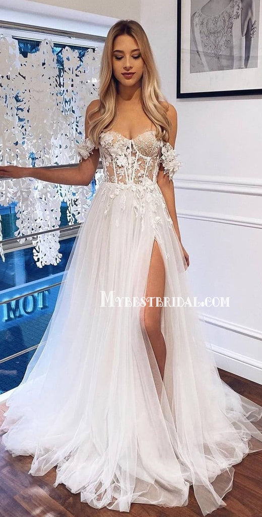 A-line Unique Off-shoulder Tulle Lace Side Slit Wedding Dresses Online, WDY0260