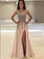 A-Line Deep V-Neck Sleeveless  Beaded Pink Tulle Prom Dress,Cheap Prom Dress,PDY0391