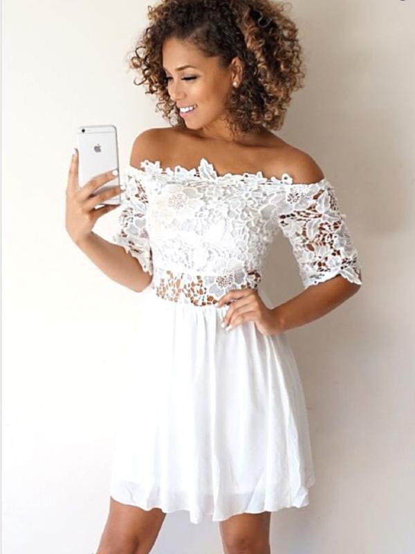 A-Line Off-the-Shoulder Half Sleeves White Lace Short Homecoming Dresses ,BDY0273