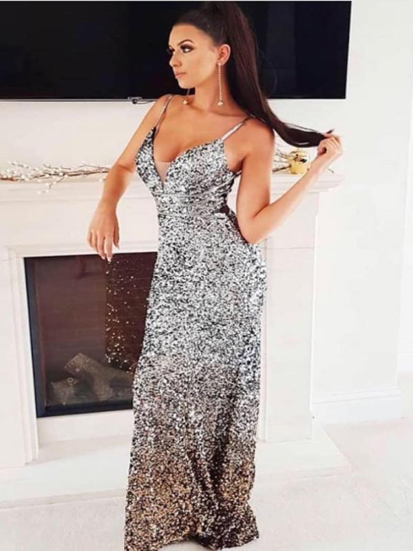 Mermaid Spaghetti Straps Silver sequin Long Prom Dresses,Cheap Prom Dresses,PDY0510