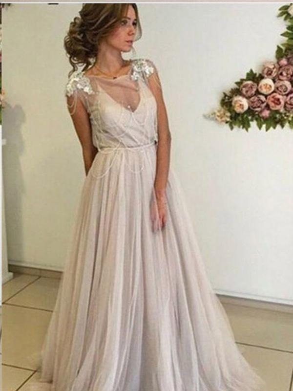 A-line Open Back Long Ivory Tulle Prom Dresses,Cheap Prom Dresses,PDY0524