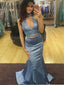 Two Piece Mermaid High Neck Blue Satin Evening Dresses,Cheap Prom Dresses,PDY0570