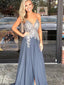 Spaghetti Straps Grey Lace Long Prom Dresses ,Cheap Prom Dresses,PDY0448