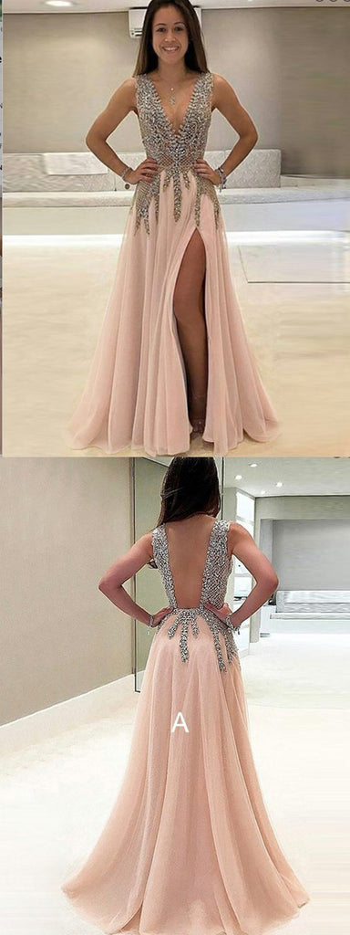 A-Line Deep V-Neck Sleeveless  Beaded Pink Tulle Prom Dress,Cheap Prom Dress,PDY0391