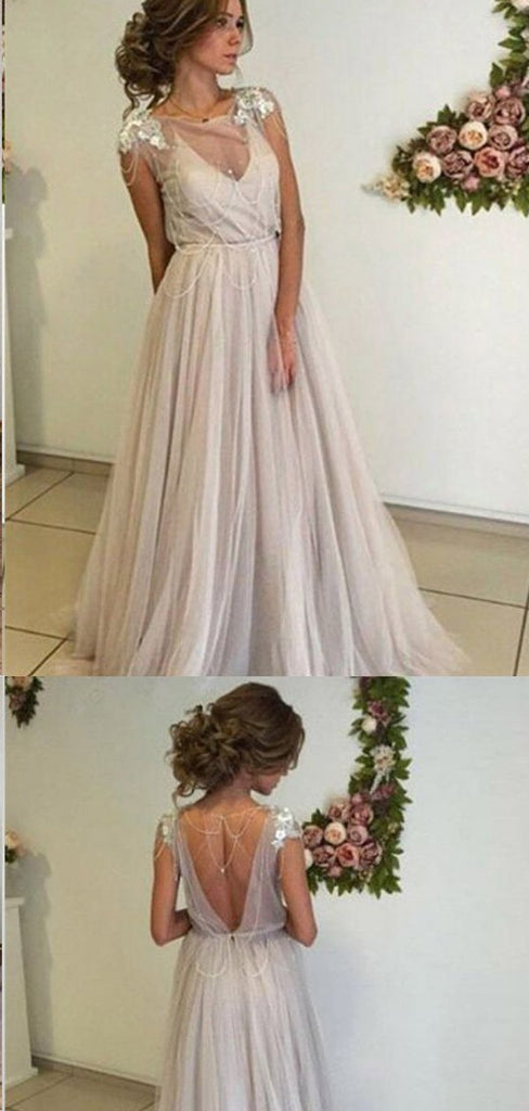 A-line Open Back Long Ivory Tulle Prom Dresses,Cheap Prom Dresses,PDY0524