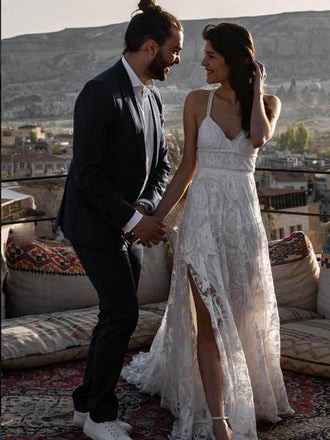 V-neck Ivory Lace Beach Wedding Dresses.Cheap Wedding Dresses, WDY0279