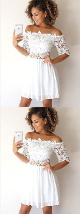 A-Line Off-the-Shoulder Half Sleeves White Lace Short Homecoming Dresses ,BDY0273