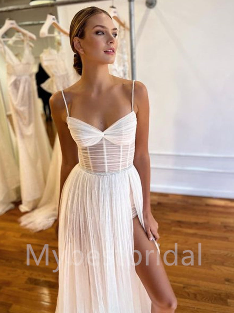 Sexy Sweetheart Spaghetti straps Side slit A-line Wedding Dresses, WDY0207