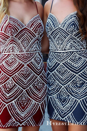 Spaghetti Straps Sheath Heavy Beading Red Homecoming Dresses, TYP0043