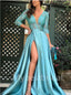 Elegant V-neck Long sleeves Side slit A-line Prom Dresses, PDS0443