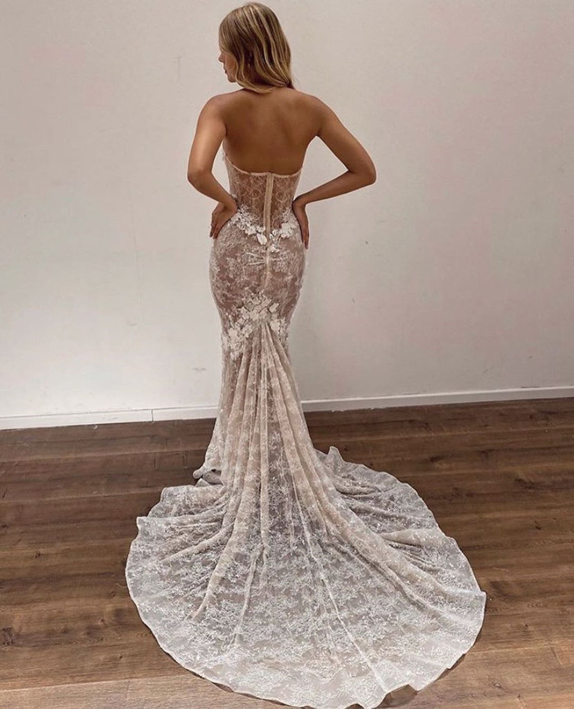 Sweetheart Lace Mermaid Long Cheap Wedding Dresses, WDS0045