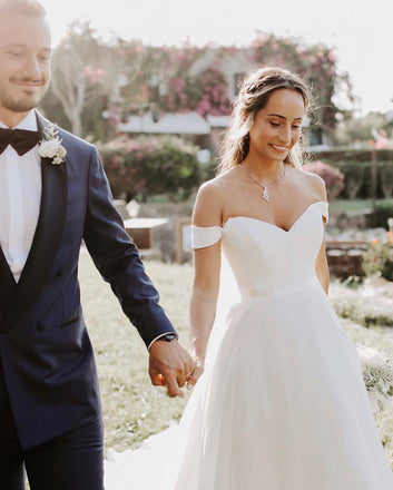 Simple Off-The-Shoulder White A-line Long Cheap Wedding Dresses, WDS0050