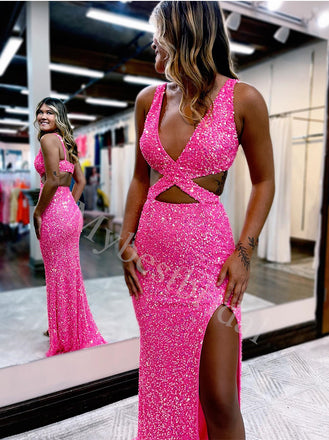 Sexy V-neck Sleeveless Side slit Sheath Prom Dresses,PDS0804