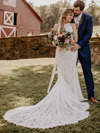 Newest Halter Mermaid Sleeveless Lace Long Wedding Dresses, WDS0073