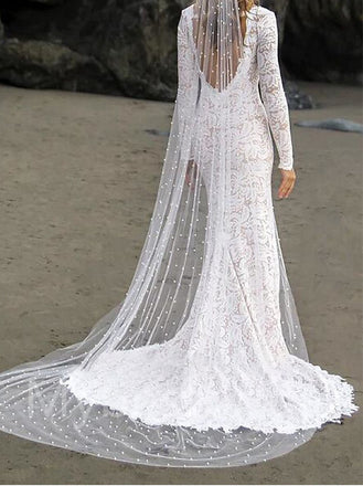 Sexy V-neck Long sleeves Side slit Mermaid Lace applique Wedding Dresses,WDY0311