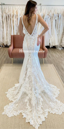 Elegant V-neck Lace Applique Mermaid Cheap Long Wedding Dresses, WDS0063