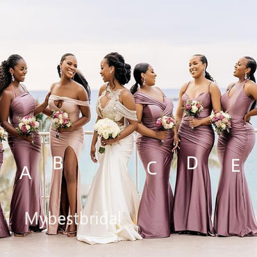Mismatched Off-shoulder V-neck Mermaid Floor-length Elegant Simple Long Bridesmaid Dresses, BDS0258