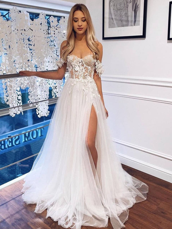 A-line Unique Off-shoulder Tulle Lace Side Slit Wedding Dresses Online, WDY0260