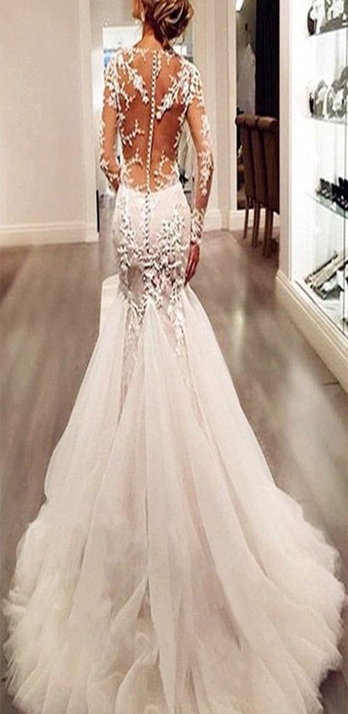 Trumpet Appliques Mermaid Wedding Dress with Long Sleeve Wedding Party Dresses,  Bridal Gown, WDY0155