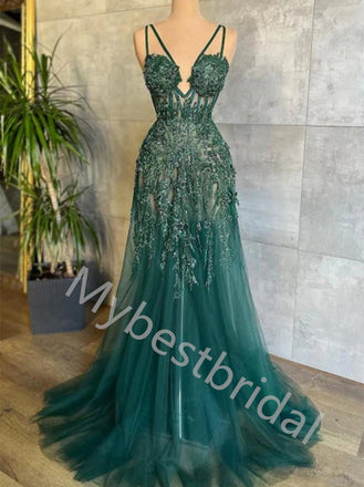 Sexy V-neck Sleeveless Spaghetti straps A-line Prom Dresses,PDS0765