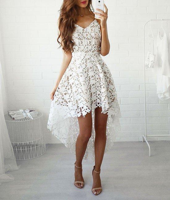 High-Low Lace Sleeveless Semi-Formal Dress With Belt, Homecoming Dress,BDY0155