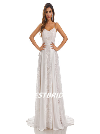 Sexy Spaghetti Straps A-Line Handmade Lace Wedding Dressess, WDY0186