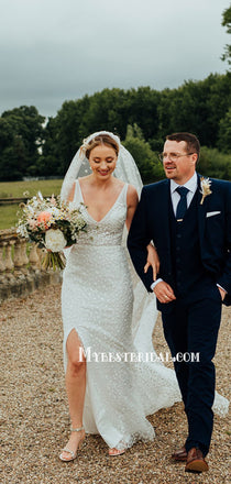 Popular V-neck Mermaid Side Slit Open Back Long Wedding Dresses, WDS0082