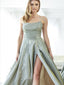 A-line Spaghetti Straps Green Satin Long Prom Dresses,Cheap Prom Dresses,PDY0511