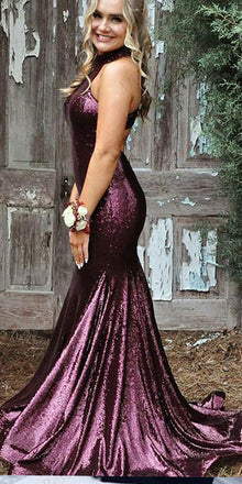 Mermaid High-neck Purple Sequin Evening Dresses ,Cheap Prom Dresses,PDY0590