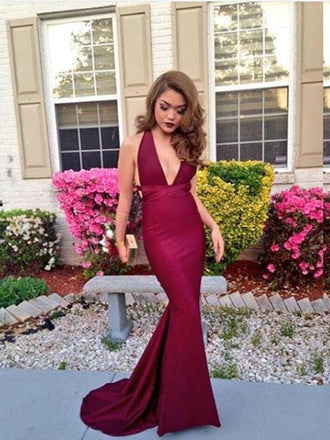 Mermaid V-neck Burgundy Satin Long Prom Dresses ,Cheap Prom Dresses,PDY0449