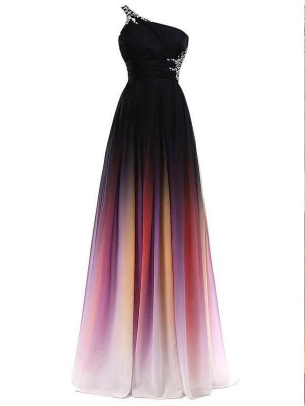 One Shoulder Beaded Chiffon Ombre Long Prom Dresses,Cheap Prom Dresses,PDY0551