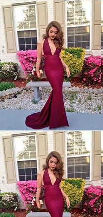 Mermaid V-neck Burgundy Satin Long Prom Dresses ,Cheap Prom Dresses,PDY0449