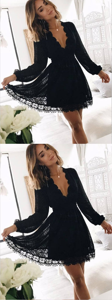 A-Line Deep V-Neck Long Sleeves Black Lace Short Homecoming Dresses ,BDY0274