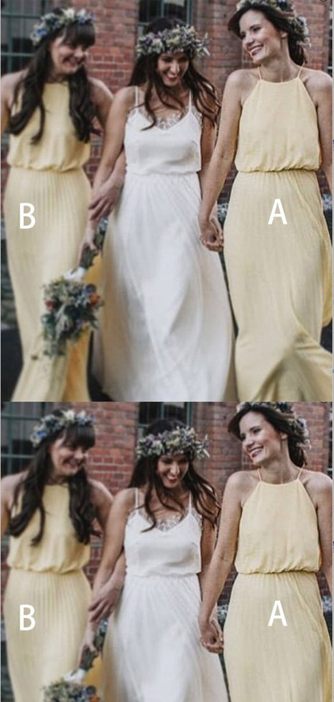 A-Line Halter Floor Length Yellow Chiffon Bridesmaid Dresses,Cheap Bridesmaid Dresses,WGY0371