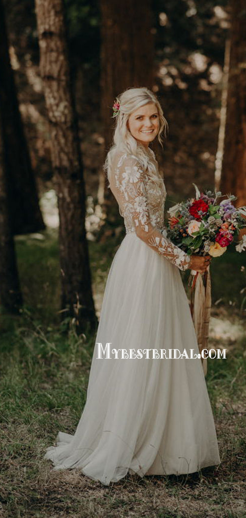Charming A-line Lace Chiffon Long Sleeve Open Back Wedding Dresses. WDS0113