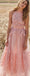A-line High-neck Pink Tulle Evening Dresses ,Cheap Prom Dresses,PDY0609