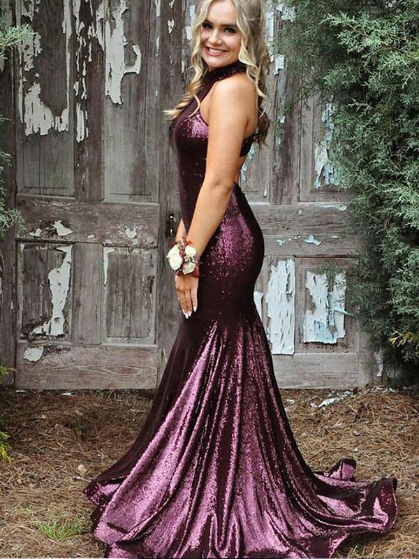 Mermaid High-neck Purple Sequin Evening Dresses ,Cheap Prom Dresses,PDY0590