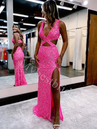 Sexy V-neck Sleeveless Side slit Sheath Prom Dresses,PDS0804