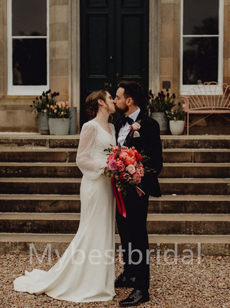 Simple V-neck Long sleeves A-line Wedding Dresses, WDY0248