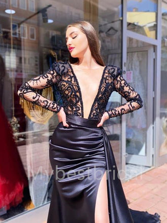 Sexy V-neck Long sleeves Side slit A-line Prom Dresses , PDS0357