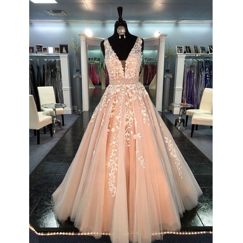 Pink Tulle Appliques V-neck Sleeveless Long A-line Popular Prom Dresses, BG0126