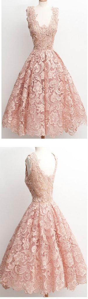 Dark Pink Lace Floral prints Vintage tea length elegant casual homecoming prom dresses,BDY0132