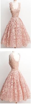 Dark Pink Lace Floral prints Vintage tea length elegant casual homecoming prom dresses,BDY0132