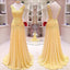 Elegant V-Neck Lace Backless Long A-line Yellow Chiffon Prom Dresses, BG0129