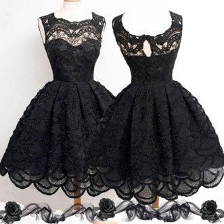 Black lace simple modest vintage freshman homecoming prom dresses, BDY0107