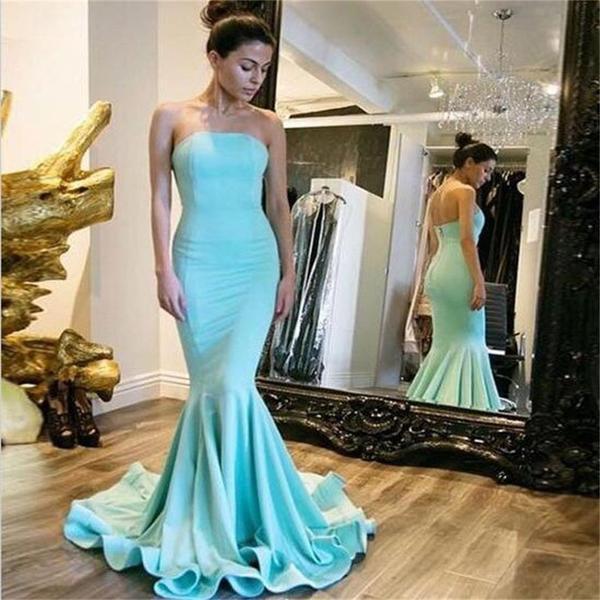 Simple Strapless Long Mermaid Zip Up Soft Satin Prom Bridesmaid Dresses, BG0023