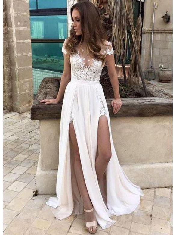 Short Sleeve Sexy Slit Casual Custom Cheap Beach Wedding Dresses, WDY0 – mybestbridal Short Sleeve Sexy Slit Casual Custom Cheap Beach Wedding Dresses, WDY0 – mybestbridal
