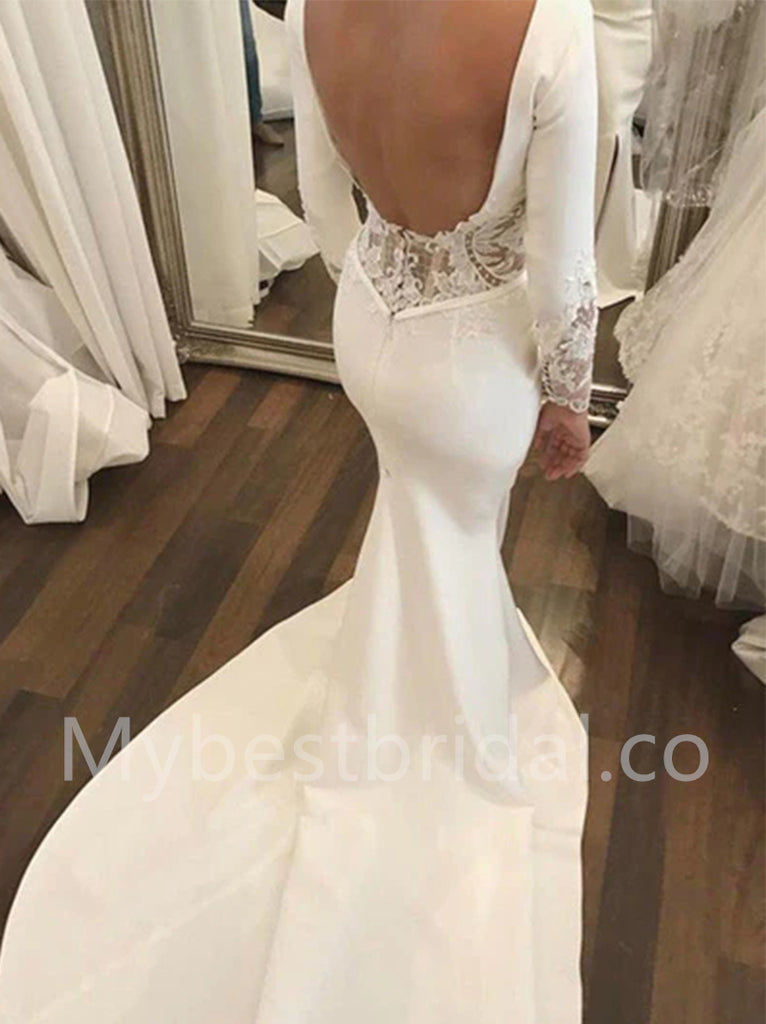 Elegant Long sleeves Side slit Mermaid Lace applique Wedding Dresses, WDY0293