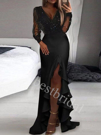 Elegant V-neck Long sleeves Sise slit Mermaid Prom Dresses,PDS0932