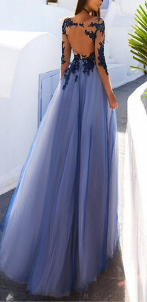 Sexy See Through Blue Lace Long Sleeve Open Back Custom Long Evening Prom Dresses , PDY0173